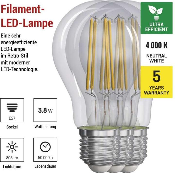 Immagine prodotto Emos Lampada LED a filamento A60 / E27 / 3,8 W (60 W) / 806 lm / Bianco neutro (E27, 3.80 W, 806 lm, 3 x, A)