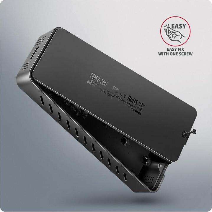 Actual product image Axagon EEM2-20G NVMe SSD enclosure, USB-C 3.2, 20 Gbps, 2230 - 2280 - black (M.2 2230, M.2 2260, M.2 2280, M.2 2242)