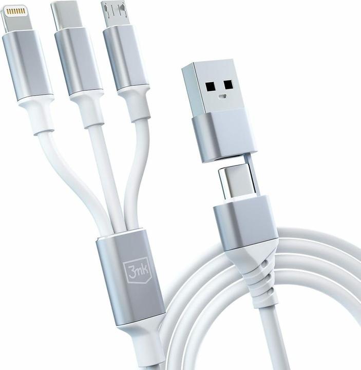 Actual product image 3MK Hyper Cable 3w1 USB-A/USB-C - USB-C/Micro/Lightning 1.5m Biały/White cable (1.50 m, USB 3.2 Gen 1, 12 W)