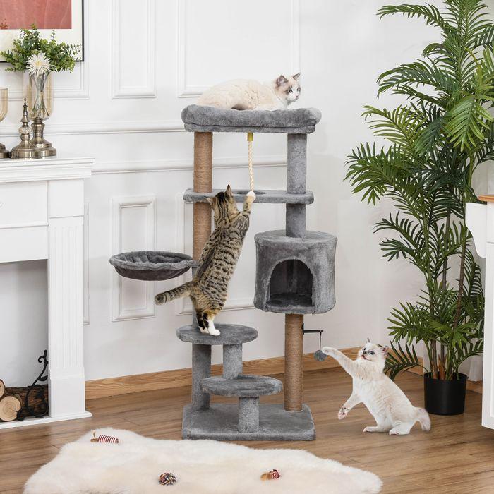Produktbild Swisshandel24 Kratzbaum 120 cm Jutestamm, für Katzen bis 5 kg, Hellgrau (120 cm, Hellgrau+Beige)