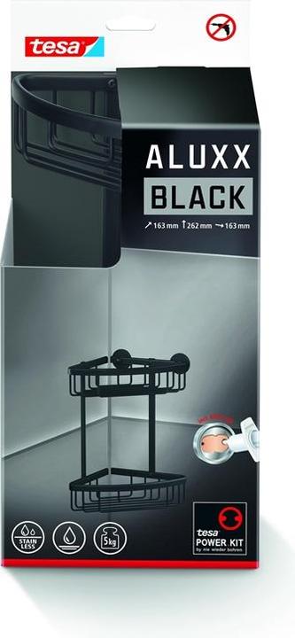 Produktbild tesa ALUXX BLACK Eck-Duschkorb inkl. Klebelösung ohne Bohren (17.5 x 17.5 x 34.5 cm)