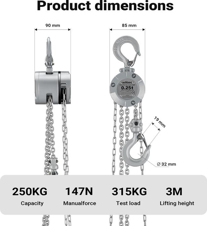 Produktbild Wiltec Kettenzug bis 250kg Handkettenzug 3m Hubhöhe Tragmittel Hebezeug Hebelzug