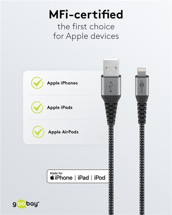 Actual product image Goobay Lightning to USB-A textile cable with metal plugs (space gray/silver) 1 m, 1 m, Black-Grey (1 m, USB 2.0)