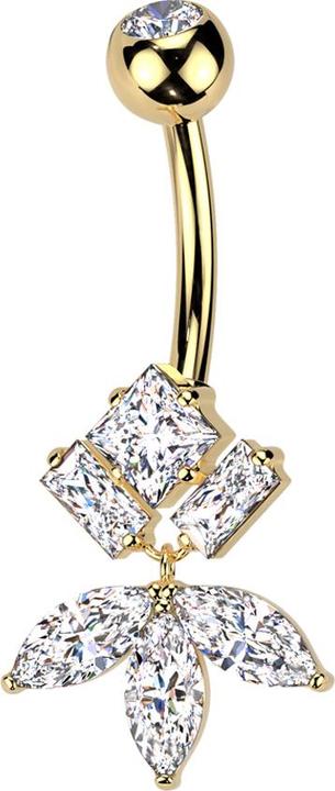 Immagine prodotto Star Piercing Banane vergoldet mit Kugel Kristall silber und drei eckige Kristalle Anhänger Blatt Kristalle silber (Titanio G23, Ottone)