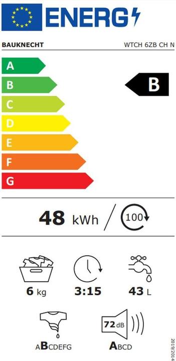 Label énergétique Bauknecht Wtch 6zb Ch N (6 kg, Vers le haut, Prise UE)