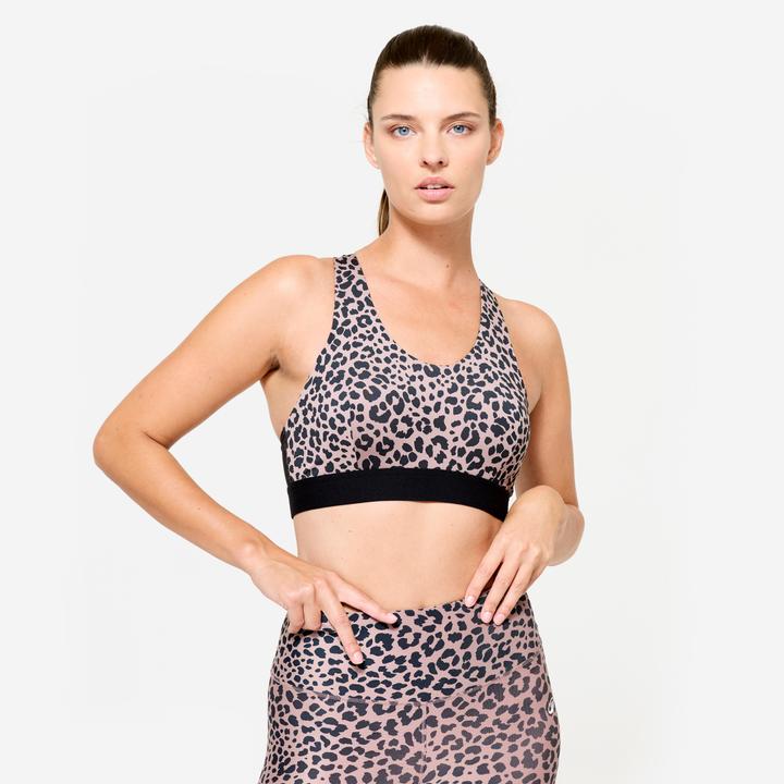 Produktbild Decathlon Sport-Bustier Damen Schwimmerrücken und Pads mittlerer Halt - schwarz/beige Leo (L)