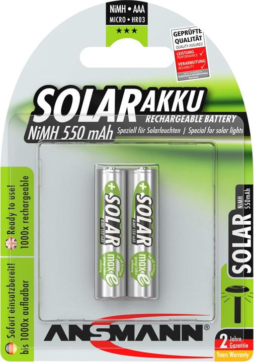 Ansmann NiMH HR03 Sol (2 pcs, AAA, 550 mAh, Piles rechargeables + chargeur)