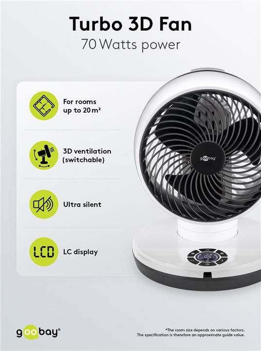 Actual product image Goobay 9 inch 3D floor fan with remote control and timer (67 dB)