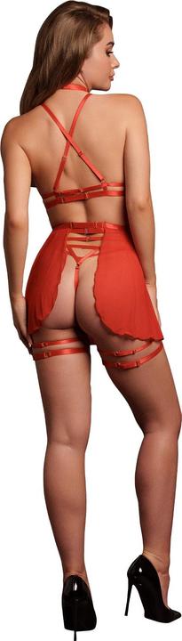 Productafbeelding Le Désir 4 Piece Set with Bra, Panty, Double Strap Garter Belt and Peek-A-Boo Mesh Skirt - One Size - Red (Eén maat voor iedereen)