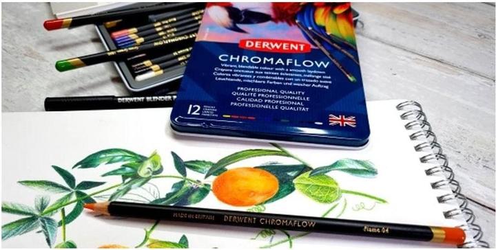 Produktbild Derwent Chromaflow Buntstifte (Blush Pink, Flame, Natural Brown, Scarlet, grass green, Denim, Sun Yellow, Blue, Basil, Black, Lilac, White, 12 x)