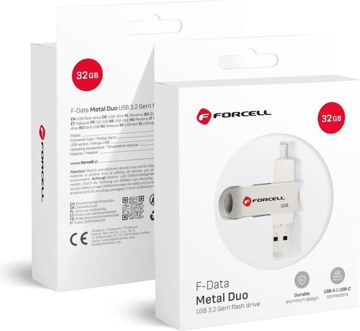 Forcell Memory cards F-DATA pendrive Metal Duo 32GB USB3.2 Gen 1 (USB A / Type C) silver (32 GB, USB-A, USB-C)