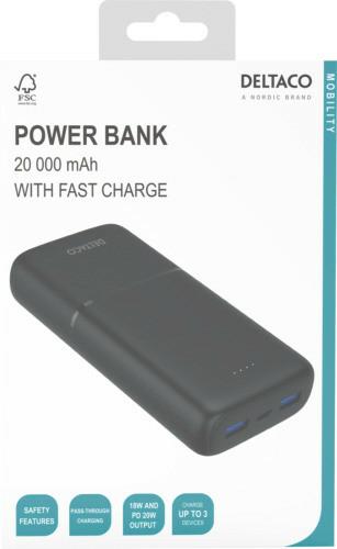 Productafbeelding Deltaco Powerbank met snelladen, 3 poorten, 2x USB-A 18W, 1x USB-C PD 20W, 20.000 mAh zwart (20000 mAh, 20 W)
