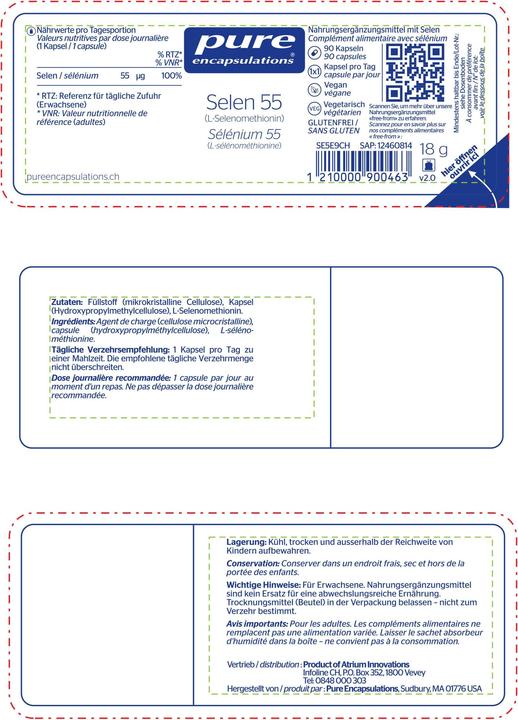 Nährwerte und Zutaten Pure encapsulations Selen 55 Kapsel (90 Stück, Kapseln, 28 g)