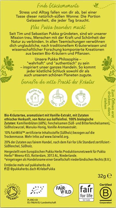 Nährwerte und Zutaten Pukka Kamille, Vanille & Manuka-Honig (32 g)