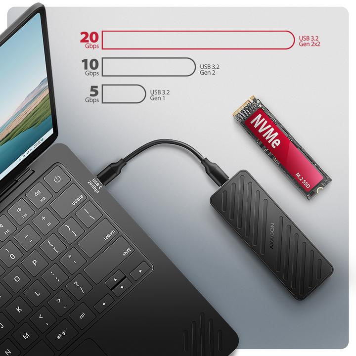 Actual product image Axagon EEM2-20G NVMe SSD enclosure, USB-C 3.2, 20 Gbps, 2230 - 2280 - black (M.2 2230, M.2 2260, M.2 2280, M.2 2242)