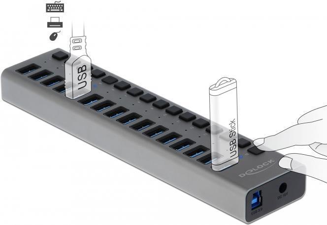 Productafbeelding Delock Externe SuperSpeed USB-hub met 16 poorten + schakelaar (USB-B, 16 Havens)