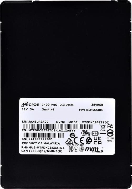 Image du produit Micron 7400 PRO NVMe U.3 SSD (3840 Go, 2.5")