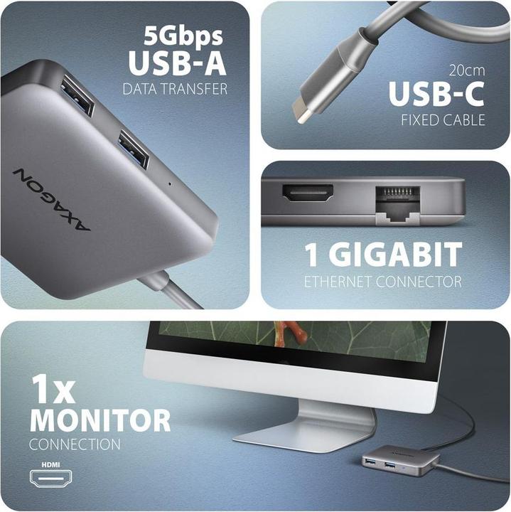 Produktbild Axagon HMC-5HL 2xUSB-A 4K HDMI GLAN PD100W USB-C (USB-C, 4 Ports)
