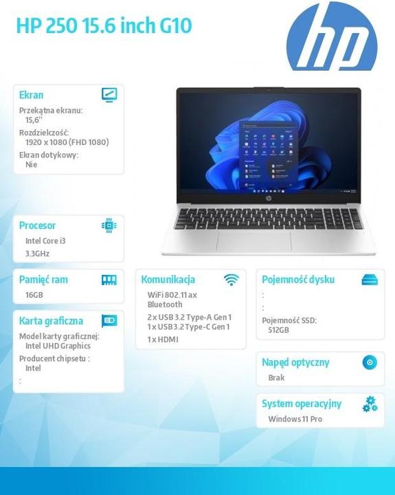 Produktbild HP 250 G10 (15.60", Intel Core i3-1315U, 16 GB, 512 GB, Eng. Int.)