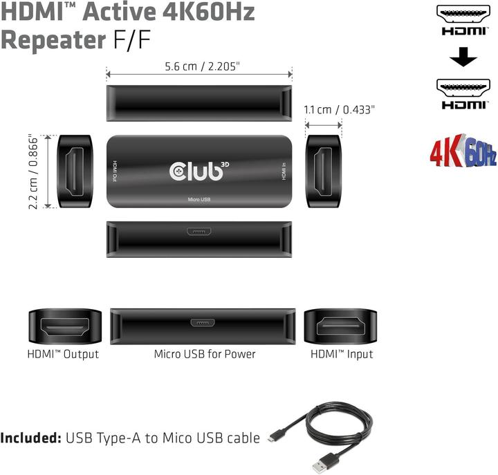 Produktbild Club 3D Club3D Repeater HDMI > HDMI 4K60Hz aktiv Bu/Bu retail (0.06 m)