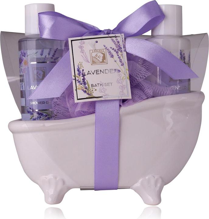 Accentra Badeset LAVENDEL in Keramikbadewanne, inkl. 100ml Duschgel, 100ml Bodylotion, 15g Netzschwamm, Duft: (Körperpflegeset, Haarpflege set)