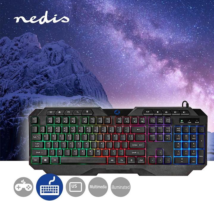 Immagine prodotto Nedis Tastiera da gioco cablata | USB Tipo-A | Tasti a membrana | LED | QWERTY | Layout USA | Lunghezza (Ing. Int., Cablato)