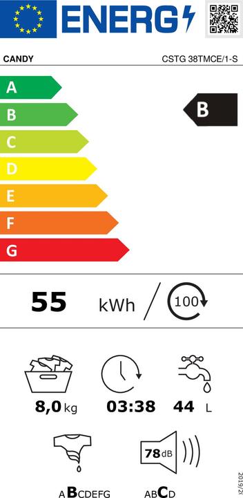 Etichetta energetica Candy CSTG 38TMCE/1-S (8 kg, Verso il basso)