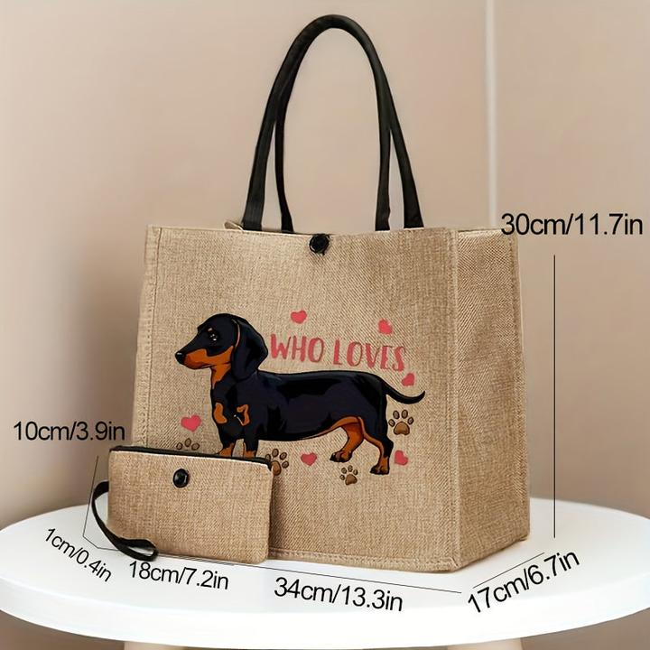 Produktbild Only-Bags.Store 2 Stück Hundedruck Canvas Tote Bags - Leichte Reise- und Strandtaschen mit Schnallenverschluss