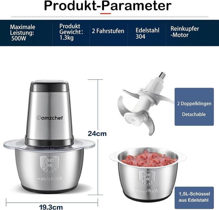Actual product image Amzchef Fleischwolf mit 2 Geschwindigkeitsstufen (1500 ml, 500 W)