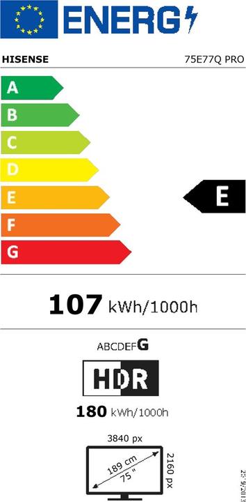 Etichetta energetica Hisense TV 75E77Q PRO (75", QLED, 4K, 2025)