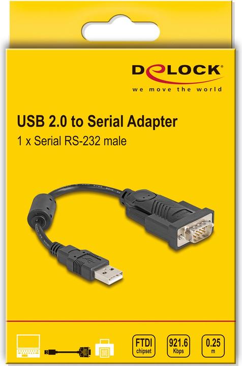Produktbild Delock Adapter USB 2.0 Typ-A zu 1 x Seriell RS-232 D-Sub 9 Pin Stecker mit Ferritkern 0,25 m (0.25 m)