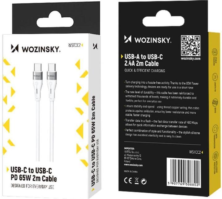 Produktbild Wozinsky WSTCC2 USB-C / USB-C PD 65W Kabel 2 m - Weiss (2 m, 65 W)