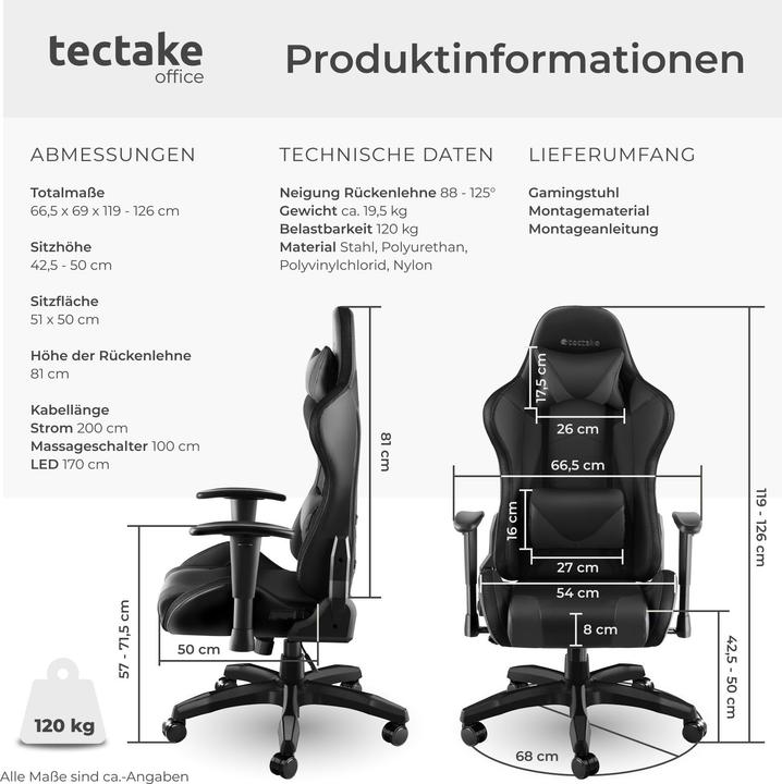 Image du produit tectake Chaise de gaming TARTAROS avec fonction massage et LED