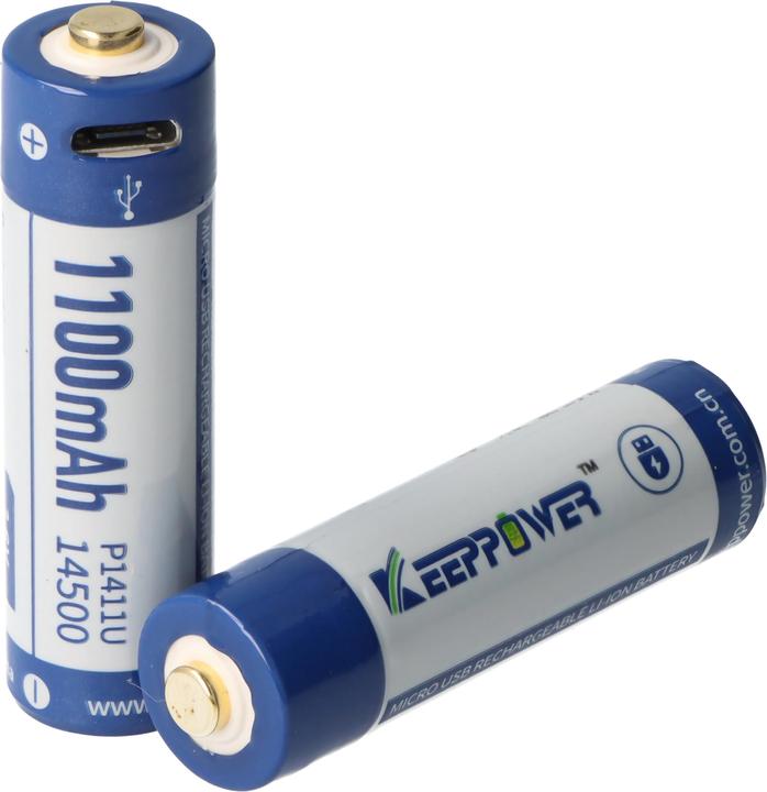 Actual product image Keeppower Li-ion battery 14500 with 1100mAh 3.7V, 50.3x14.2mm, with USB charging option (1 pcs., AA, 1100 mAh, Rechargeable battery)
