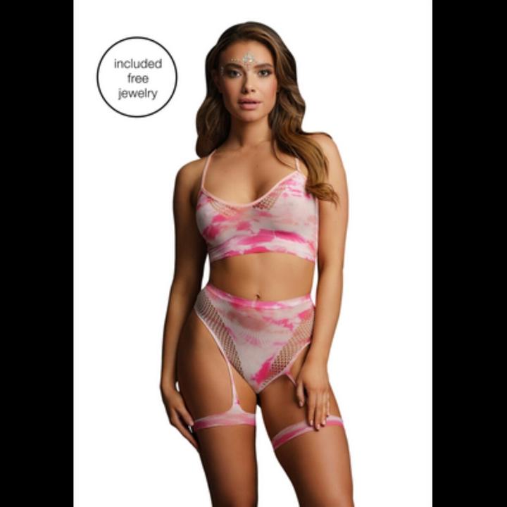 Productafbeelding Le Désir 2PC Tie Dye BH Set met kousenband & oogverblindend Oogcontact Bl (Eén maat voor iedereen)