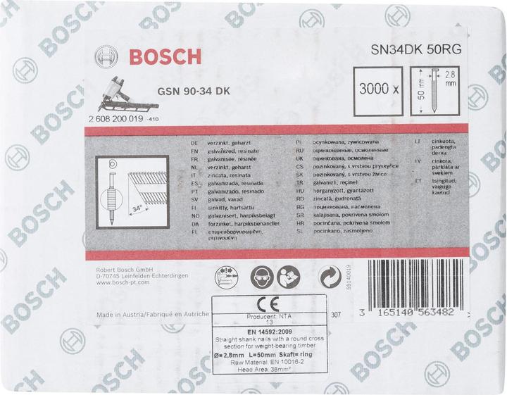 Nährwerte und Zutaten Bosch Professional Zubehör D-Kopf Streifennagel SN34DK 50RG, 2,8 mm, 50 mm, verzinkt, gerillt