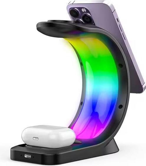 Produktbild PhoneLook Ladestation wireless MagSafe 15W 3in1 (iPhone, AirPods, Apple Watch) mit RGB LED Licht (15 W)