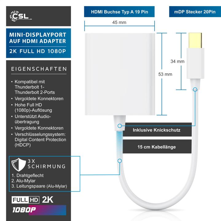 Produktbild CSL Mini DisplayPort zu HDMI Typ A Audio- & Video-Adapter, Full HD MiniDP Adapter / Konverterkabel (HDMI, Mini DP, 15 cm)