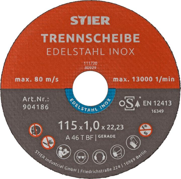Produktbild Stier Trennscheibe / Flexscheibe 115 x 1,0 x 22,23 mm gerade Inox / Edelstahl