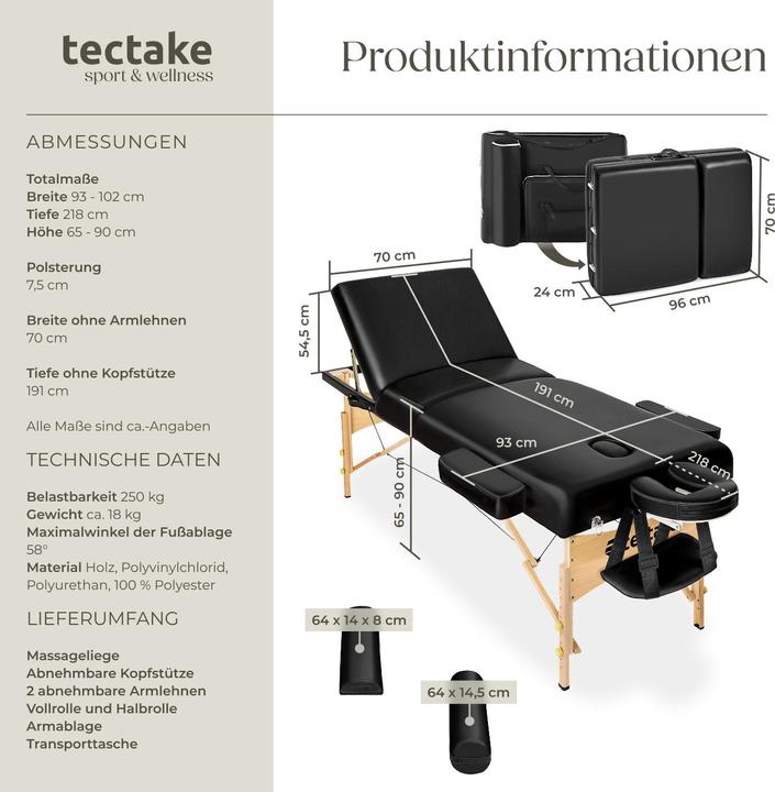 Produktbild tectake 3 Zonen Massageliege-Set Somwang mit 7,5cm Polsterung, Rollen und Holzgestell