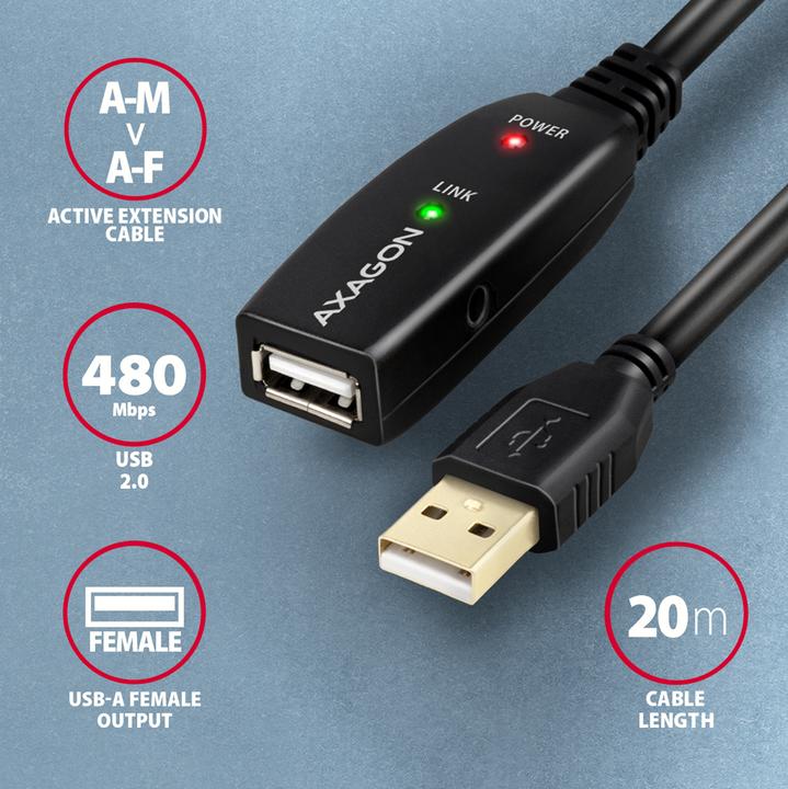 Immagine prodotto Axagon ADR-220 cavo di prolunga USB 2.0 attivo, USB-A maschio/femmina - 20 m (20 m, USB 2.0)
