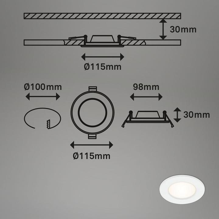 Produktbild Briloner LED Einbauleuchte dimmbar IP44 6W 450 lm 3000 K warmwei rund wei 115/100 mm 230V (450 lm)