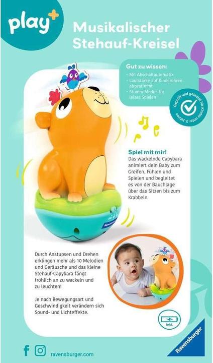 Produktbild Ravensburger 4874 play+ Musikalischer Stehauf-Kreisel: Capybara, Roly-Poly, Steh-auf-Männchen (Deutsch, Englisch, Französisch)
