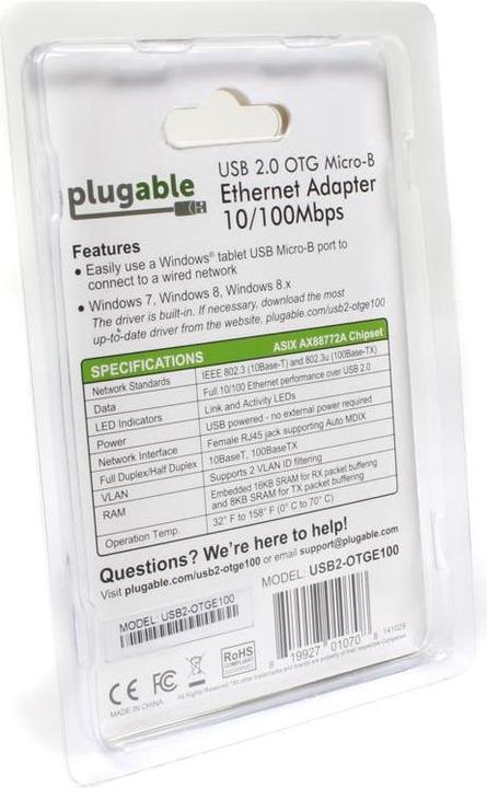 Actual product image Plugable USB OTG to Ethernet Adapter (Micro USB, RJ45 (1x))