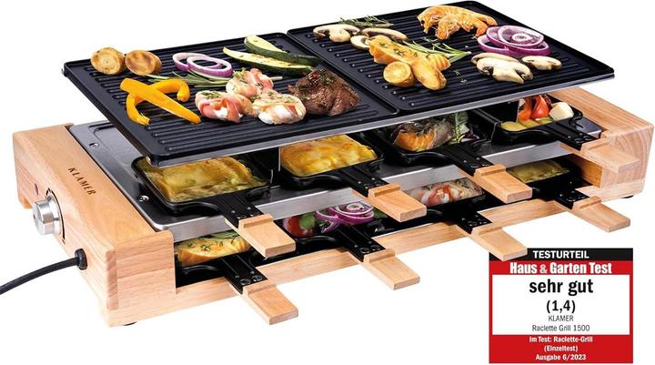 Produktbild KLAMER Raclette 8 Personen 1500W Raclette Grill mit Holzgestell