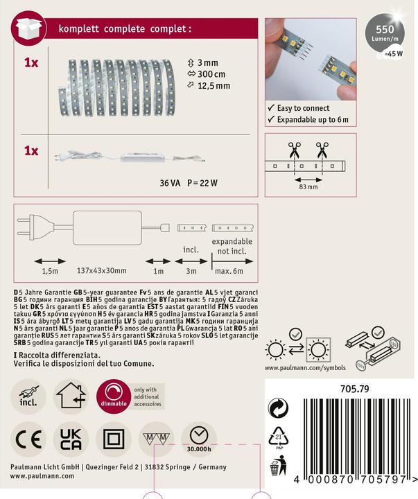 Image du produit Paulmann Kit MaxLED 500 Stripe (Blanc chaud, 300 cm, Intérieur)