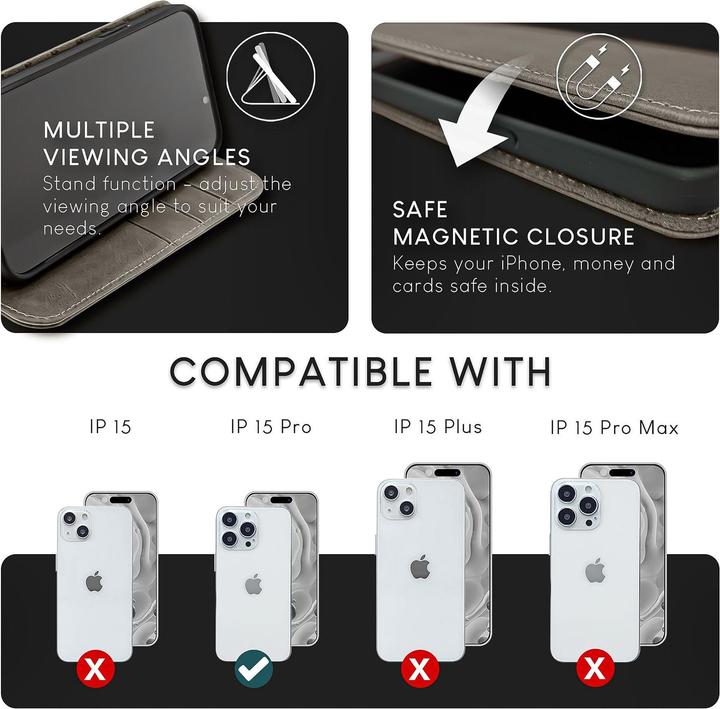 Produktbild Nalia Echt Leder Flip Case Hülle mit Magnetverschluss (Apple iPhone 15 Pro)