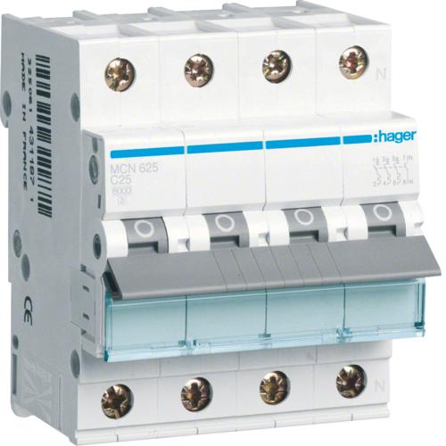 Image du produit Hager Disjoncteur de protection de ligne 3p+N, C-25A, 6kA MCN625