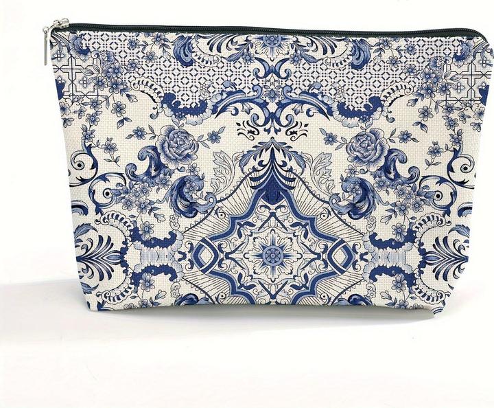 Only-Bags.Store Chic Blau & Weiss Porzellan Floral Kosmetiktasche für Frauen - wasserdicht, grosse Kapazität