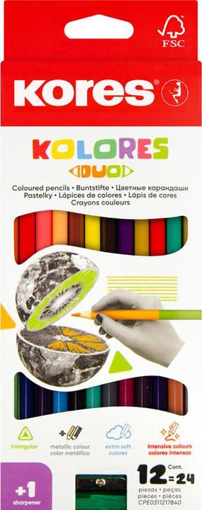 Produktbild Kores Buntstifte ""DUO"", 12er Karton-Etui + GRATIS Spitzer inkl. Namensfeld, aus Lindenholz mit bruchsich (Mehrfarbig, 12 x)